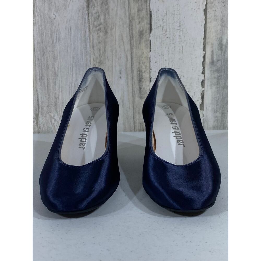 Coloriffics‎ Silver Slipper Vintage Navy Blue Satin Block Heels Womens Size 9.5